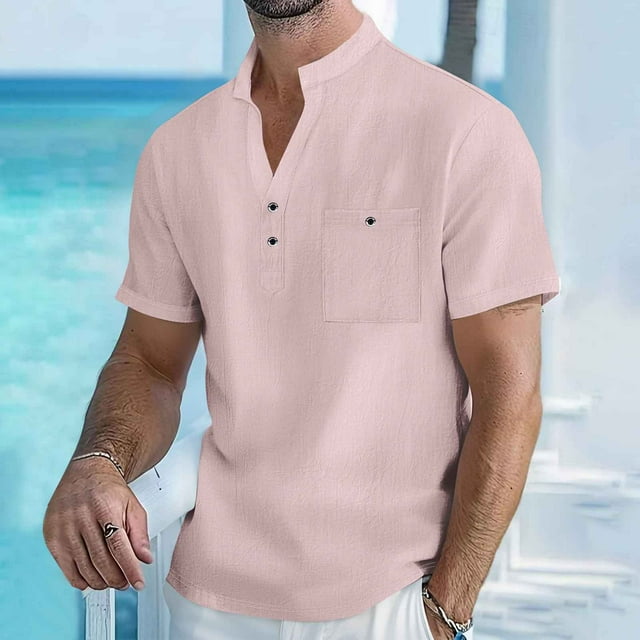 pstuiky Camisas de vestir de manga corta para hombre, Blusa de lino con cuello alto, manga corta y botones de bolsillo para hombre camisas casuales para hombre m
