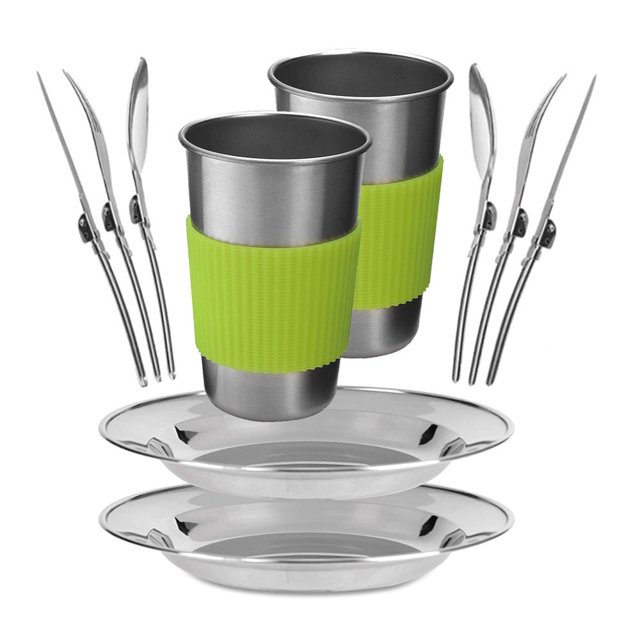Ensemble de Vaisselle de Camping 12 Pcs 2 Personnes Kit de Vaisselle Barbecue Extérieur Acier Inoxydable Randonnée Léger Cuillère Fourchette