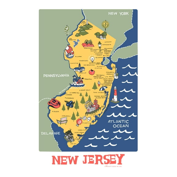 Vestiges New Jersey State Icons Souvenir Tea Towel 21.5" x 32" Eco-Friendly