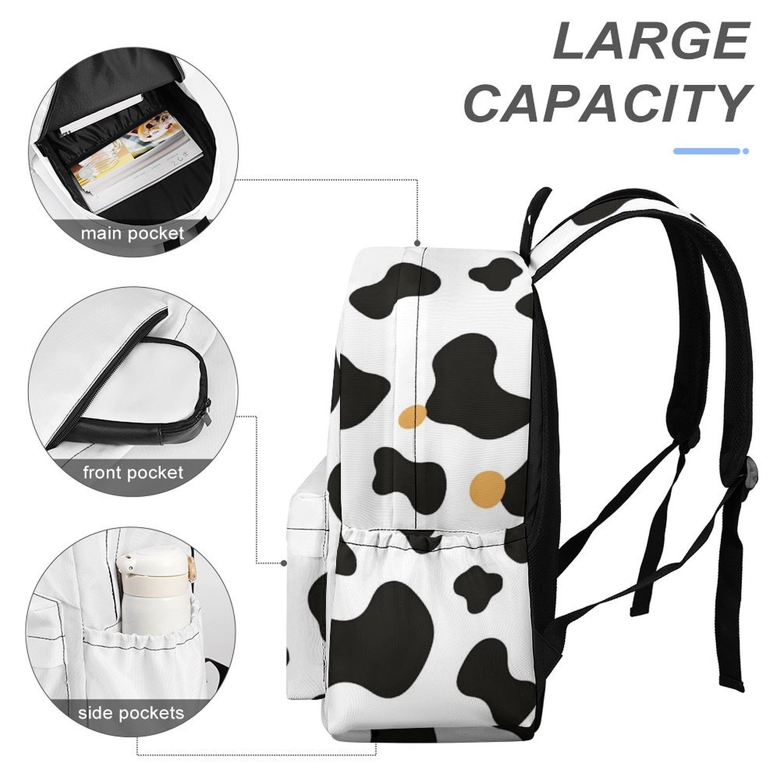 Large Capacity Half Print Backpack 11.8×16.5×5.9in Multifunctional Zipper Design Convenient Switch Simple Cow Print Pattern, Vector Art Style_2