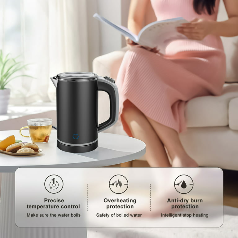 TWSOUL Mini Electric Kettle,0.8L Travel Electric Tea Kettle Stainless Steel  Kettle Double Layer Hot Water Kettle,1000 W Boil-Dry Protection Boiler 