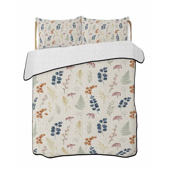 Quilts Queen Size Bedding Set, Spring Floral Reversible Summer Quilt 3 Pieces, Farmhouse Flowers Rustic Art Lightweight Bedspreads Coverlets with 2 Pillow Shams for All Seasons