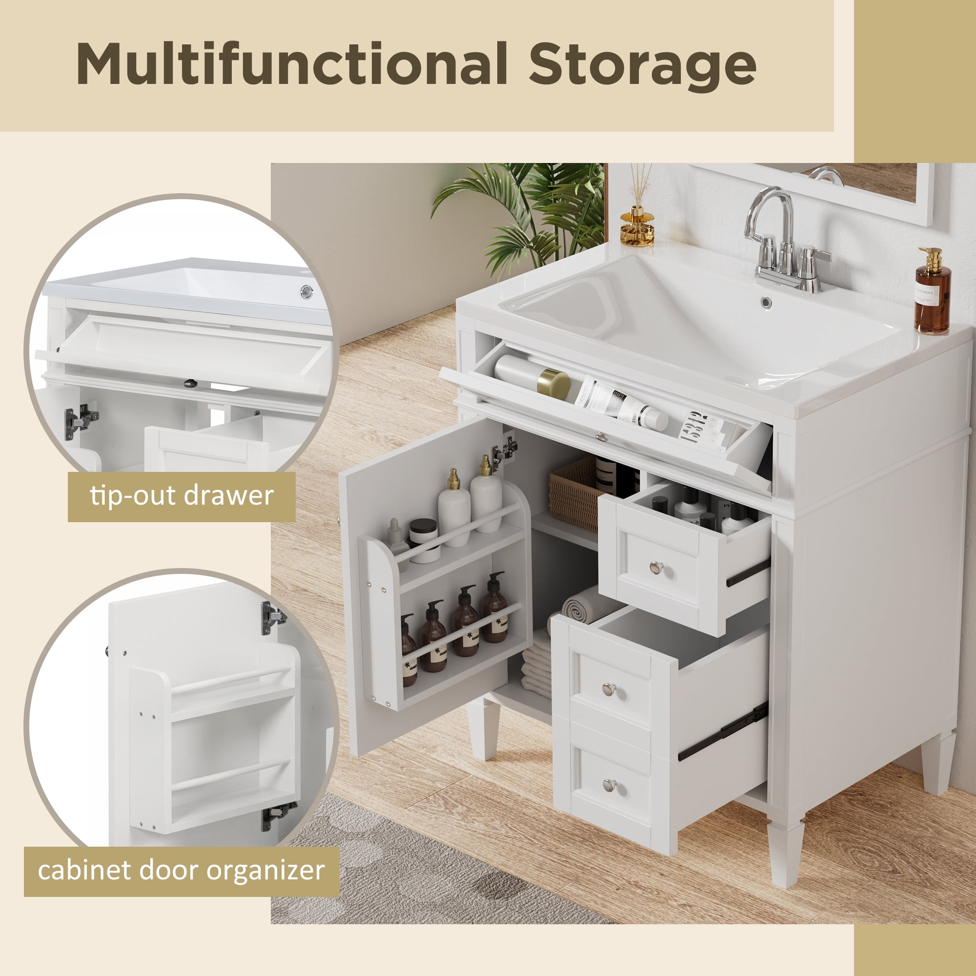 Euroco 30'' Bathroom Vanity with Top Sink, Modern Bathroom Storage Cabinet with 2 Drawers and a Tip-out Drawer, Single Sink Bathroom Vanity (Same as SW000122AAK-1)