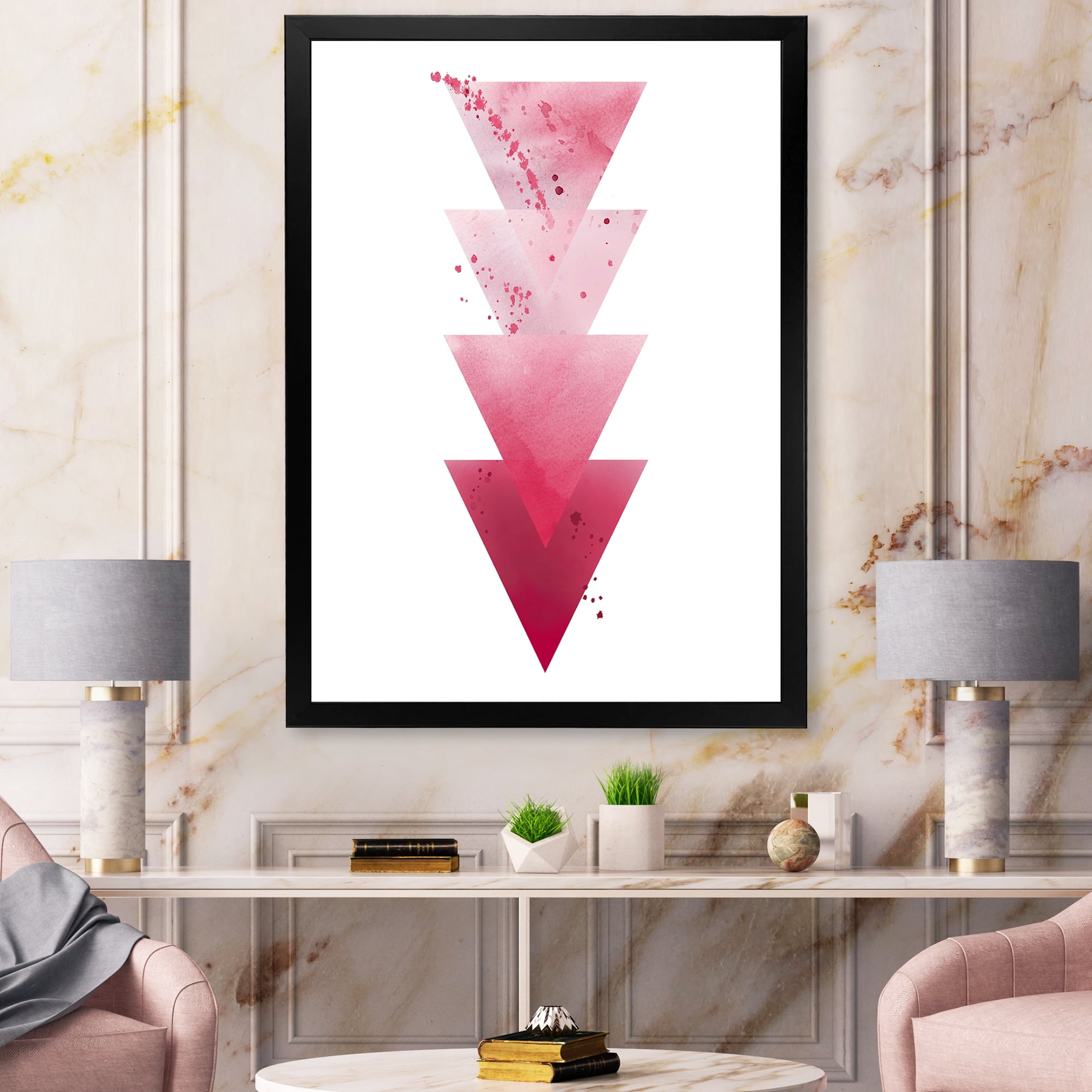 Designart 'Abstract Geometric Art Red Triangles Composition' Modern Framed Art Print