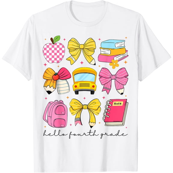 Hello Fourth Grade Back To School Coquette Bow Girls Squad T-Shirt Size S-5XL