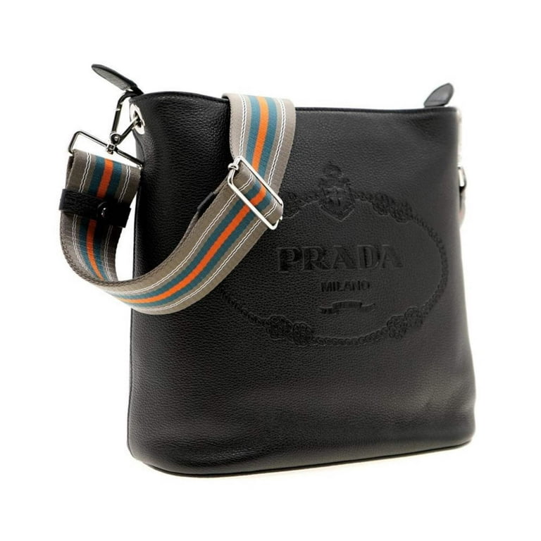 New Prada Vitello Phenix Black Leather Web Strap Crossbody