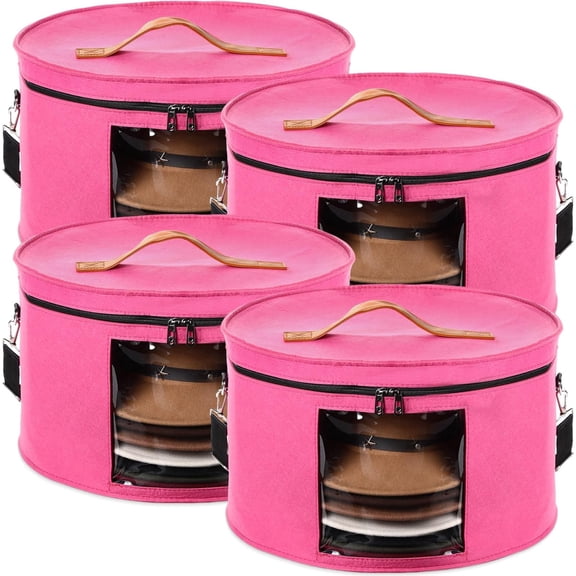 4 Pack Large Round Foldable Hat Box for Women Storage Holds up to 6-10 Hats Cowboy Hat Box with Lid Handles Closet Cowboy Case Organizer Clothes Case for Travel Gift(Rose Red,Felt)