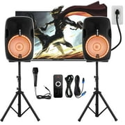 Active & Passive Powered PA Speaker System with 12" Subwoofer, Professional 1000W Stereo DJ Speakers with Party Light, Bluetooth, FM Radio, USB, SD, EQ, Wheels for Party, Indoor & Outdoor