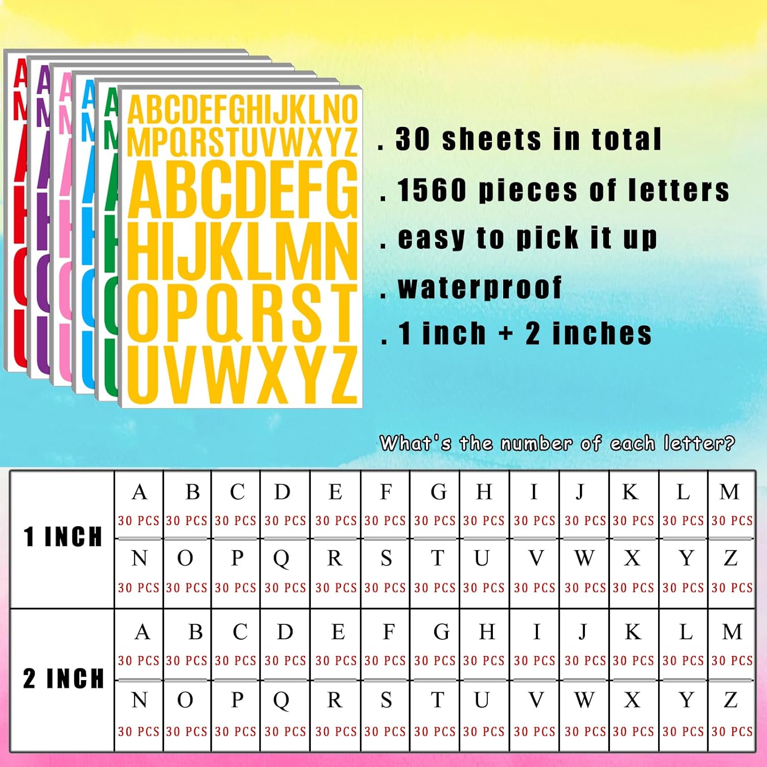 Letter Stickers 1560 Pieces 30 Sheets Stick on Vinyl Letters Capital Alphabet Sticker Letter for Craft Bulletin Boards Classroom Home Business Decor(Multicolor,1 Inch,2 Inch)