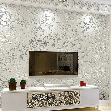 3D 10m Silver Floral Textured Non-woven Wallpaper Rolls Home TV Background (Best 3d Desktop Wallpaper Ever)