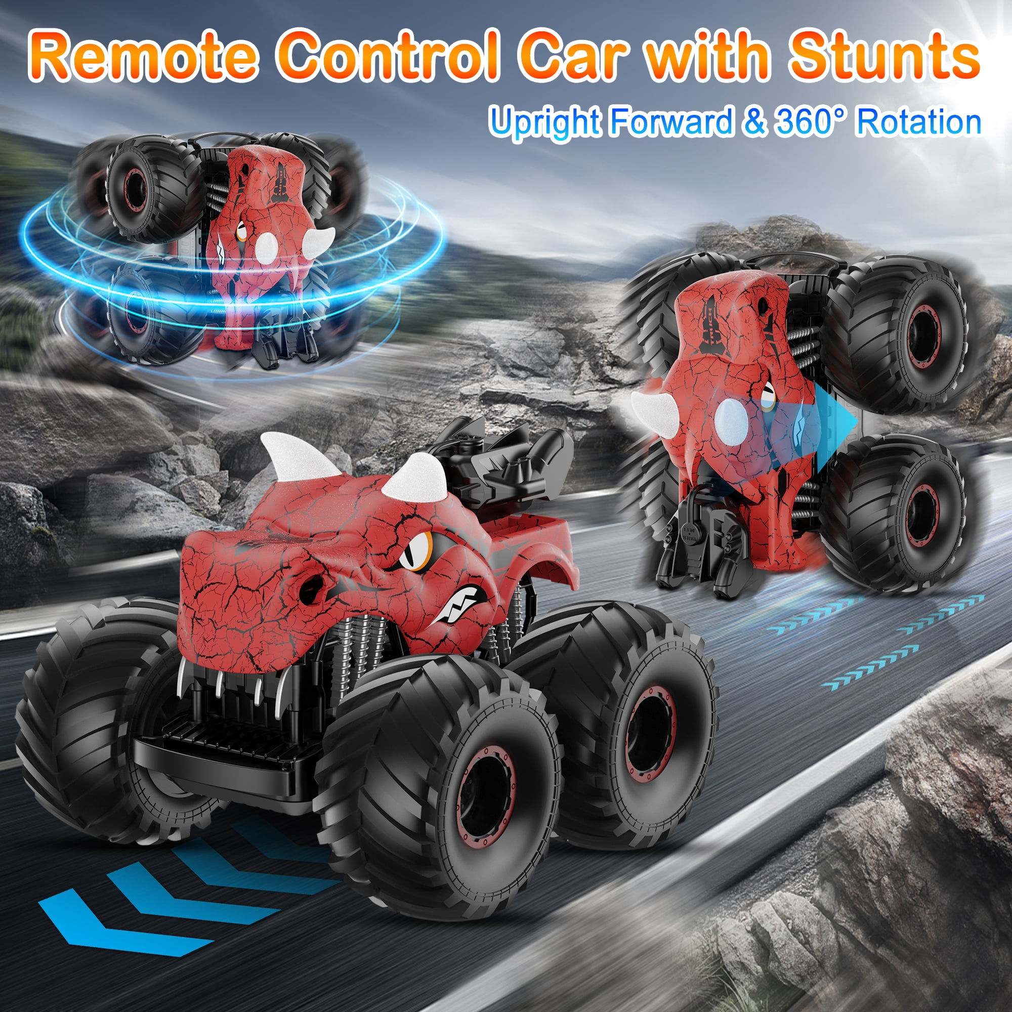 UUGEE Remote Control Car Toys, 2.4GHz RC Dinosaur Cars for Boys Girls Toddlers, 360° Rotating Monster Trucks with Light, Sound & Spray, Christmas Birthday Gifts for Kids 6 7 8