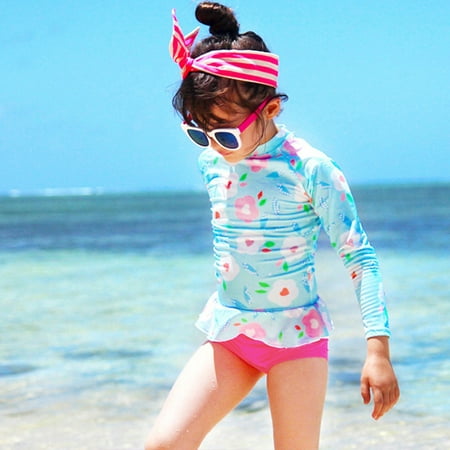 

Gubotare Toddler Girl Swimwear Long Sleeve Cartoon Floral Prints Top Shorts Beach Swimsuits 2PCS Girls Bathing Suits Big Blue 12-18 Months