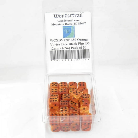 Orange Vortex Dice with Black Pips D6 12mm (1/2in) Pack of 50 Wondertrail