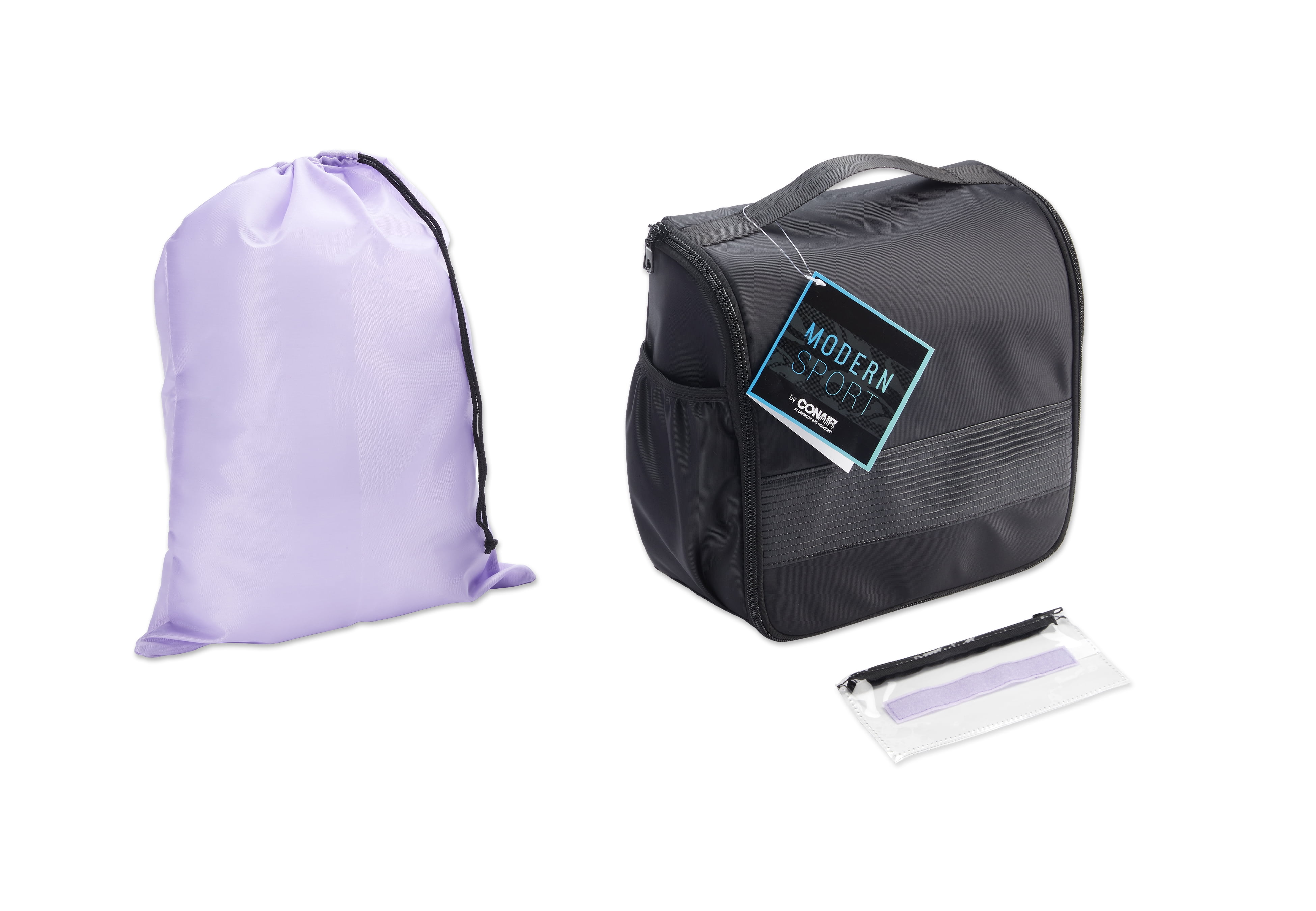 Modern Sport Hanging Toiletry Bag with Zipper, Drawstring Bag, and Clear Pouch, Black & Lavendar (3pc)