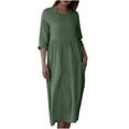 thumbnail image 2 of Meichang Summer Midi Dresses for Women Casual Cotton Linen Dresses 3/4 Sleeve Crew Neck A-Line Dresses Solid Loose Fit Tunic Dresses with Pockets, 2 of 8