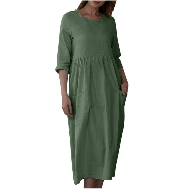 Birdeem Robe Décontractée Ample à Manches Trois-Quarts Col Rond avec Poches pour Femmes Couleur Unie