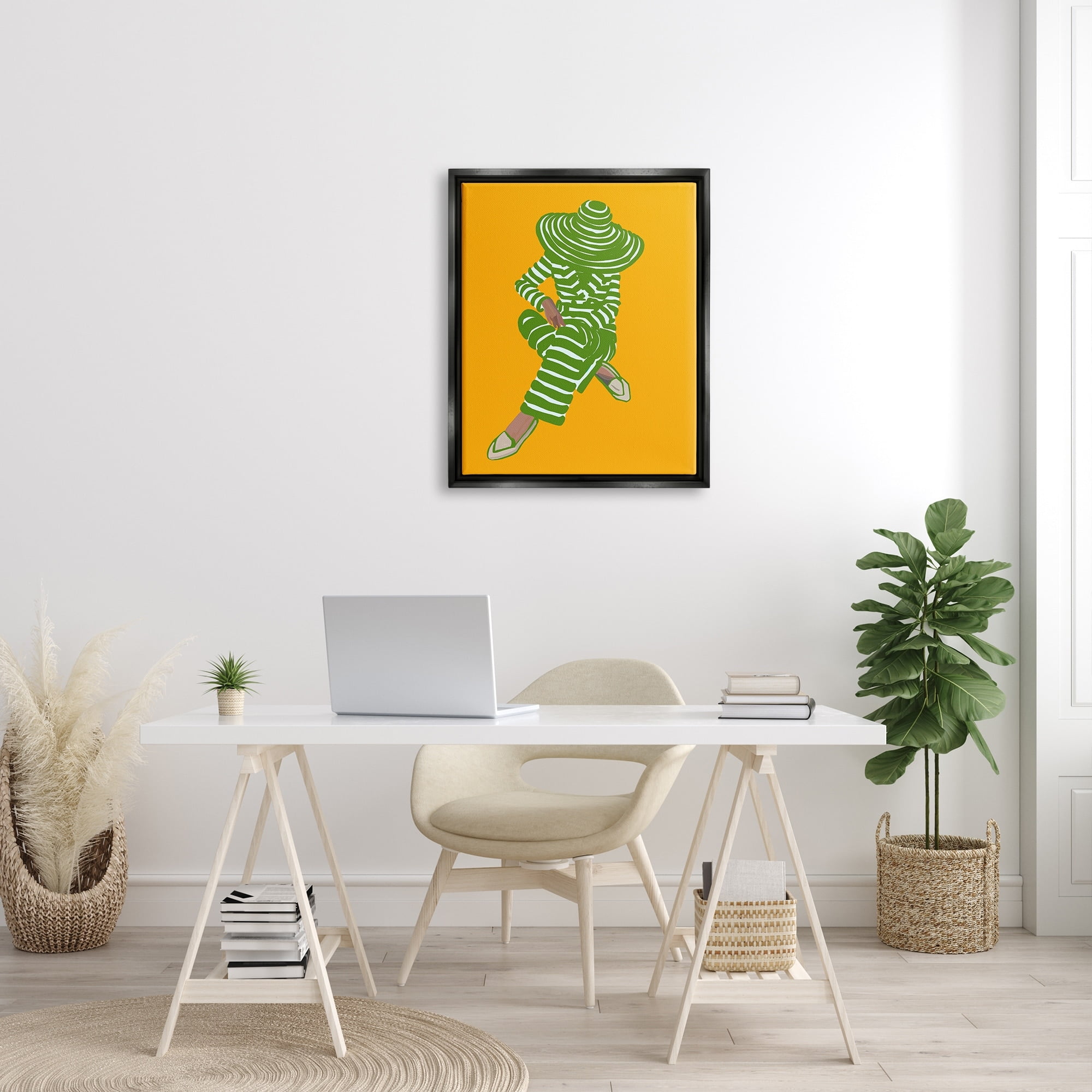 Stupell Industries Patterned Stripes Fashion Outfit Modern Woman Sitting Graphic Art Jet Black Floating Framed Canvas Print Wall Art, Design by Amelia Noyes