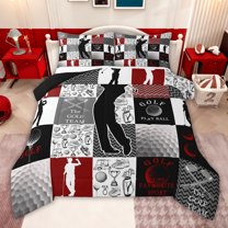 jejeloiu Golf Ball Sport Queen Comforter Set,White Gray Red Grid Bedding Comforter Set For Boys Kids Reversible 3pcs