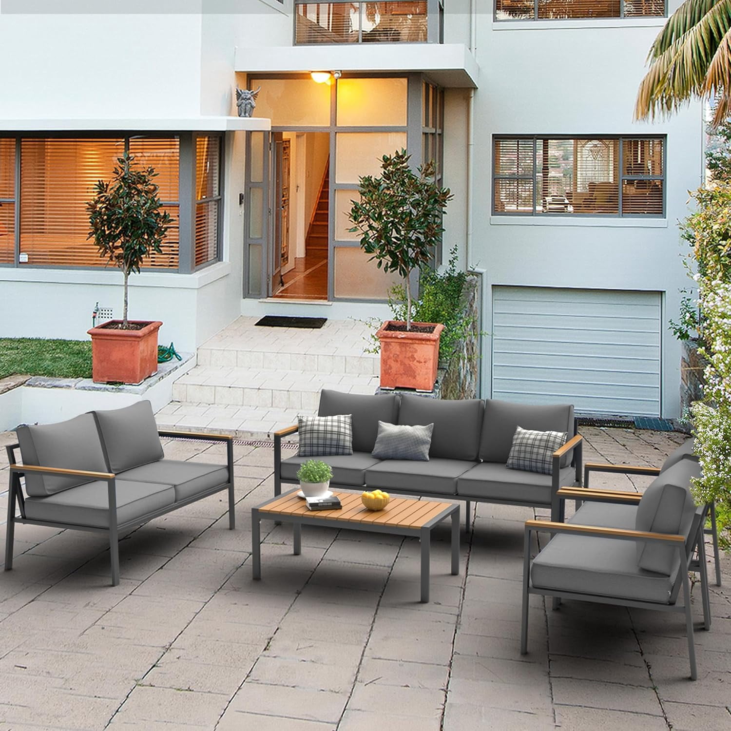 Aluminum Patio Furniture Set,5-Piece Outdoor Mental Patio Conversation Set, Morden Sectional Sofa with Plastic-Wood Armrest & Table, Fits Garden Backyard Balcony (Grey)