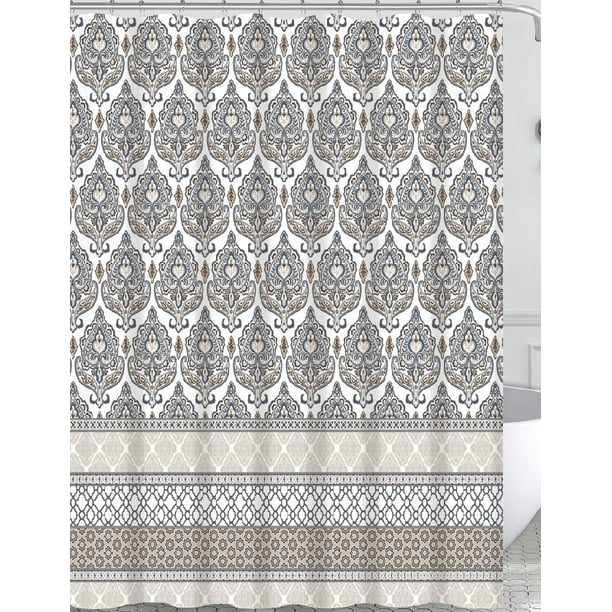 Charcoal Grey Tan White Fabric Shower Curtain For Bathroom Fl Damask With Geometric Border Design Com Charcoal Grey Tan White Fabric Shower, Tan And Gray Shower Curtains