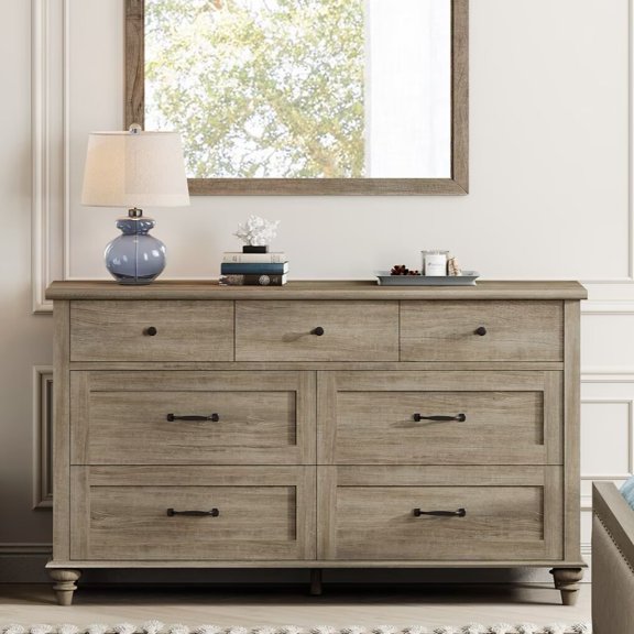 Wide Dresser with 7 Drawers, Large Dresser TV Stand for Living Room Kids Room, Grey