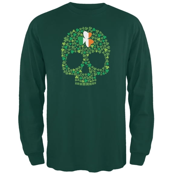 St. Patricks Day - Shamrock Skull Forest Green Adult Long Sleeve T-Shirt - Large