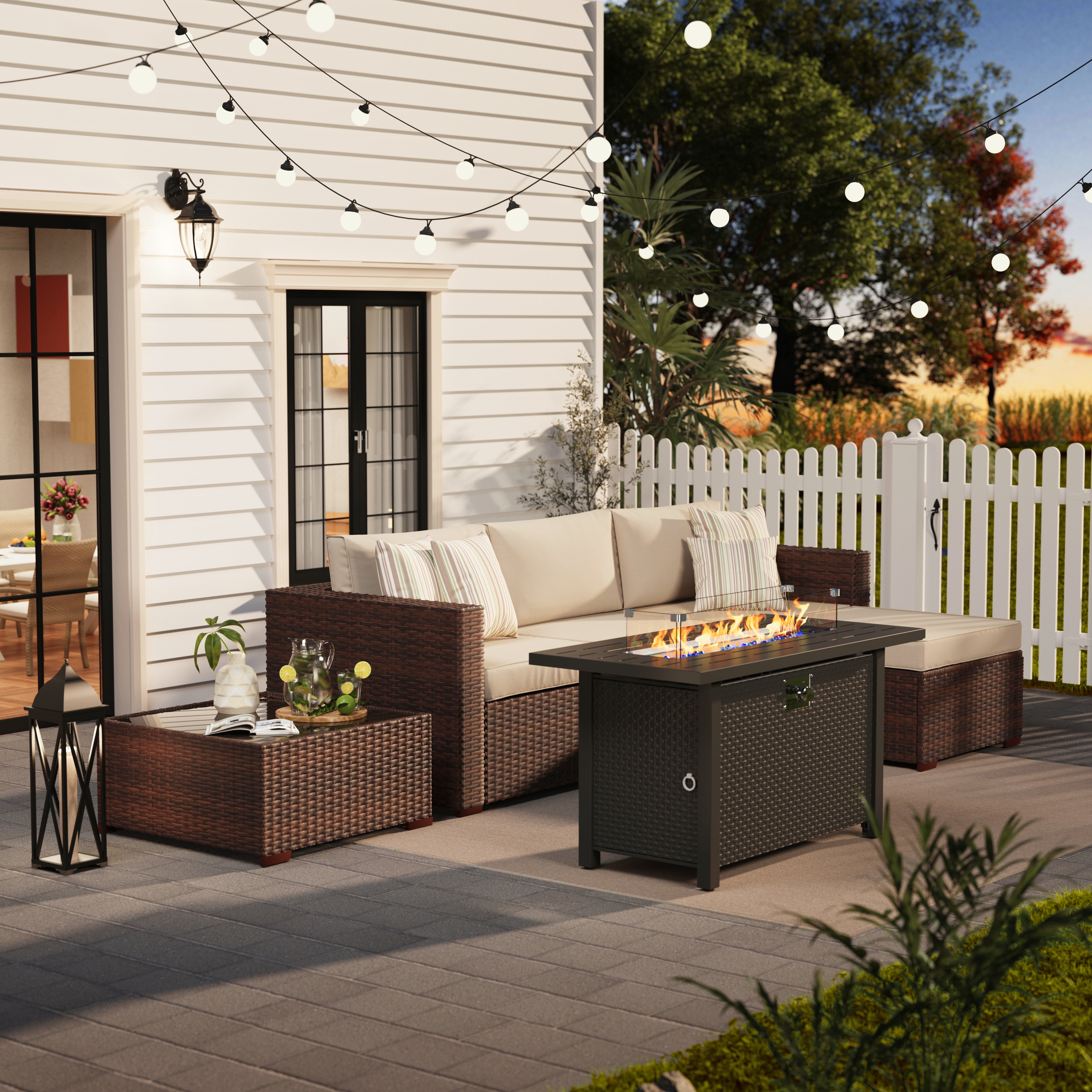 JOIVI 6 Pieces Patio Furniture Set with 45” Gas Fire Pit Table, Wicker Outdoor Rattan Sectional Sofa Furniture Conversation Set with 50,000 BTU Patio Propane Fire Pit and Coffee Table, Brown