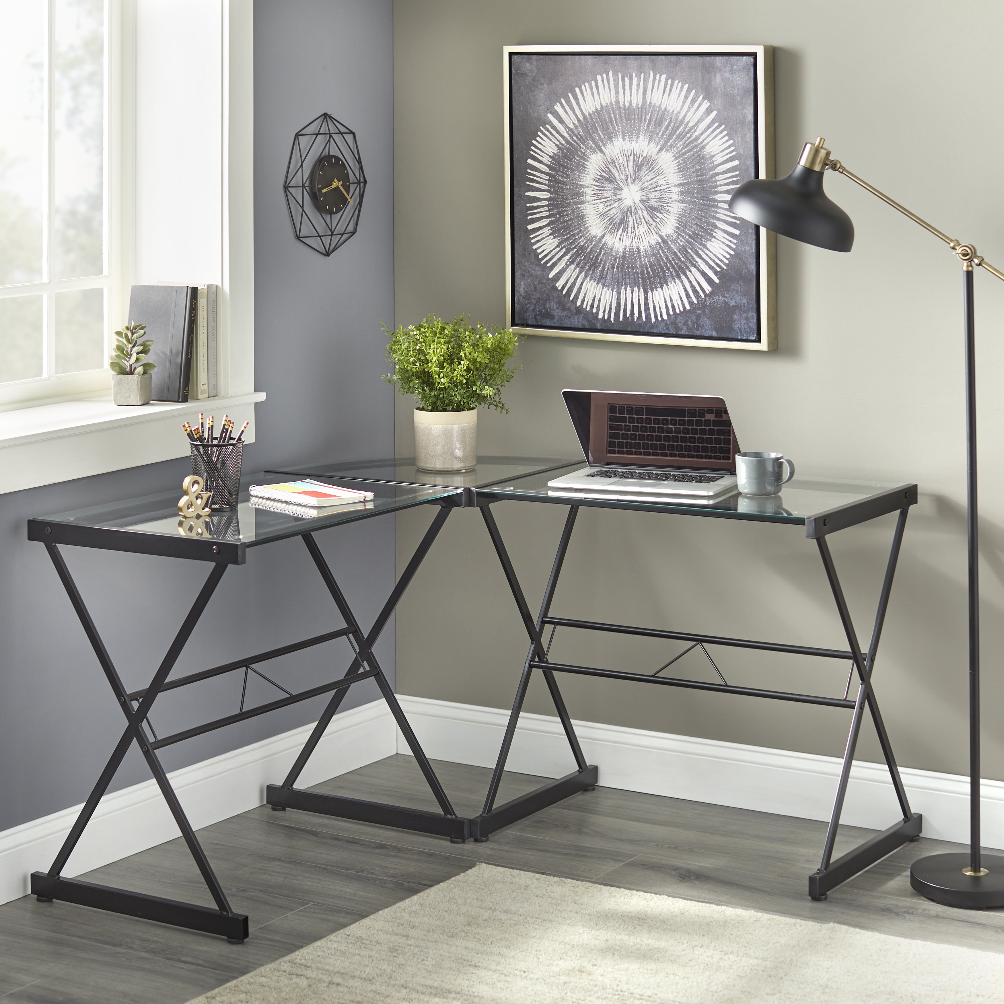 TMS Atrium L Shape Adult Computer Desk with Metal Frame Clear Glass Top 29 Tall Black Walmart