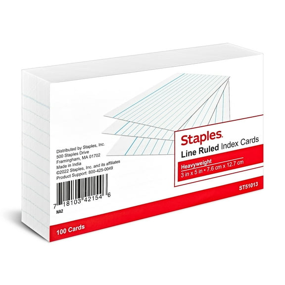 Staples Heavyweight Ruled 3" x 5" Index Cards White 100/Pack TR51013
