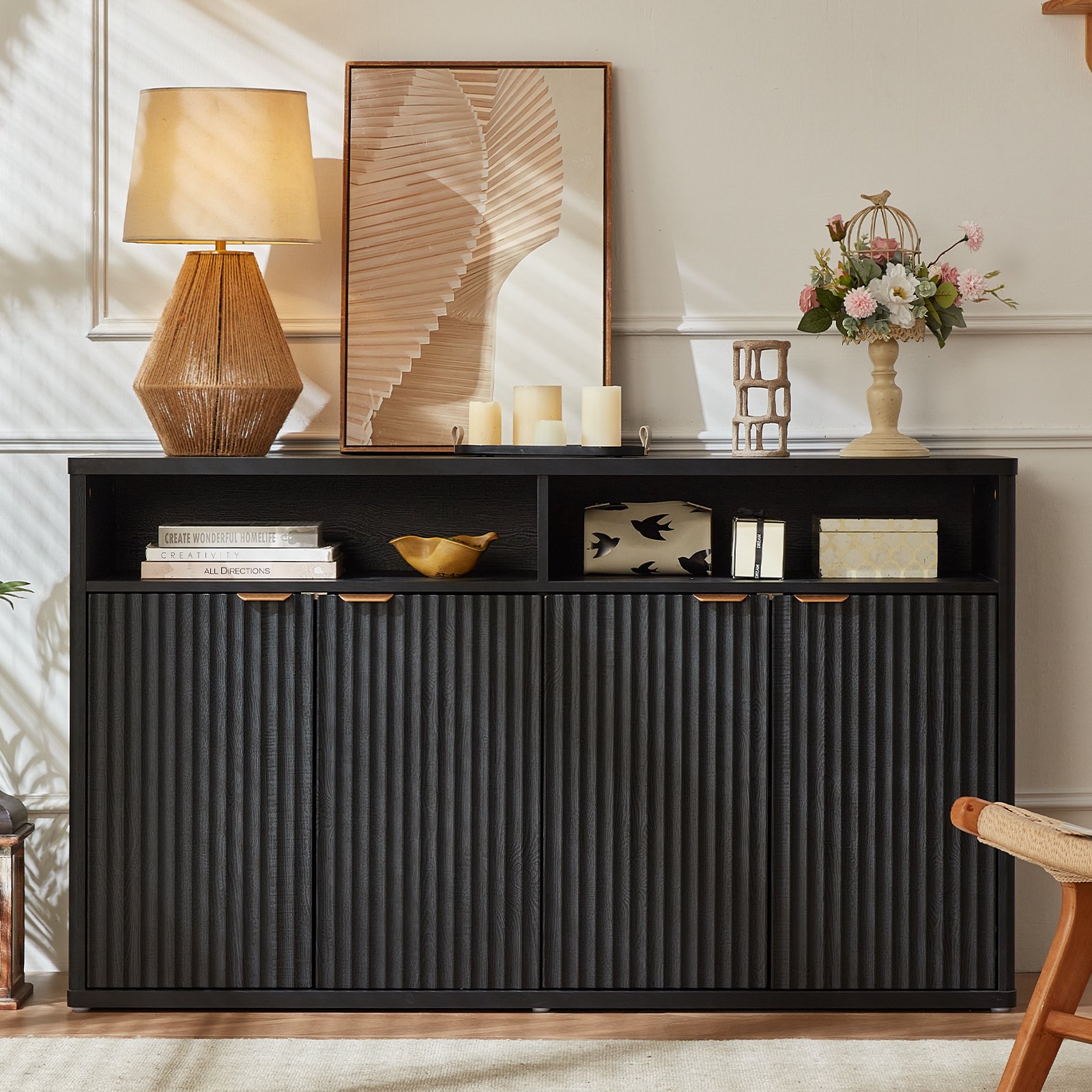 LEYAOYAO Large Fluted Buffet Cabinet with 4 Doors Modern Wood Sideboard with Shelves Spacious Storage Credenza for Living Room Black
