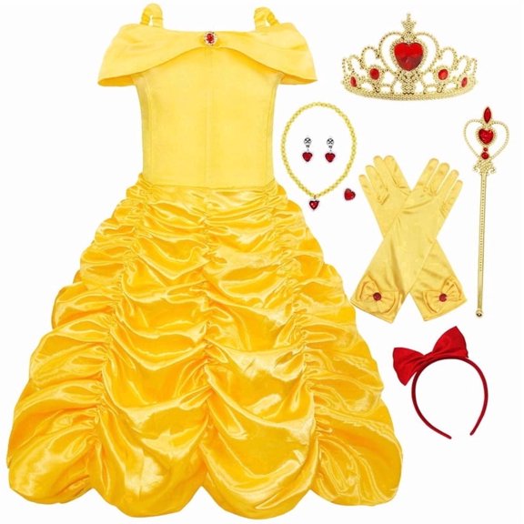 Marendyee Belle Princess Dress Off Shoulder Layered Costume for Little Girl Halloween Cosplay Birthday Outfit Yellow 5-6 Years
