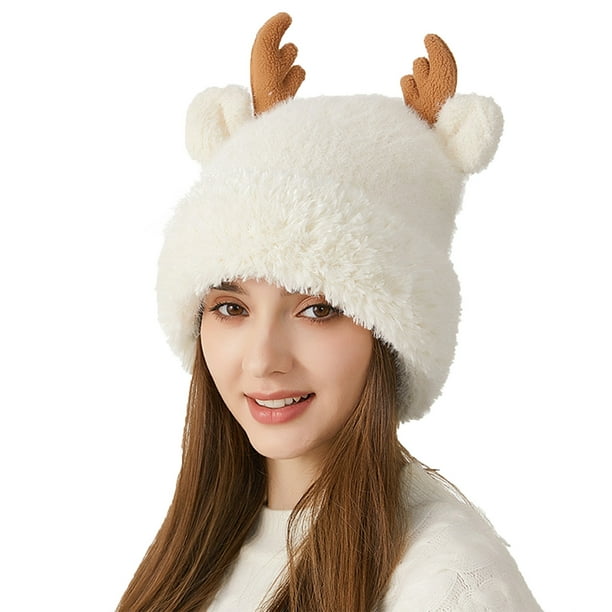 Sombreros de invierno para mujer, bonitos sombreros de punto con astas gruesas y protección para las orejas, gorros cálidos de poliéster para mujer.
