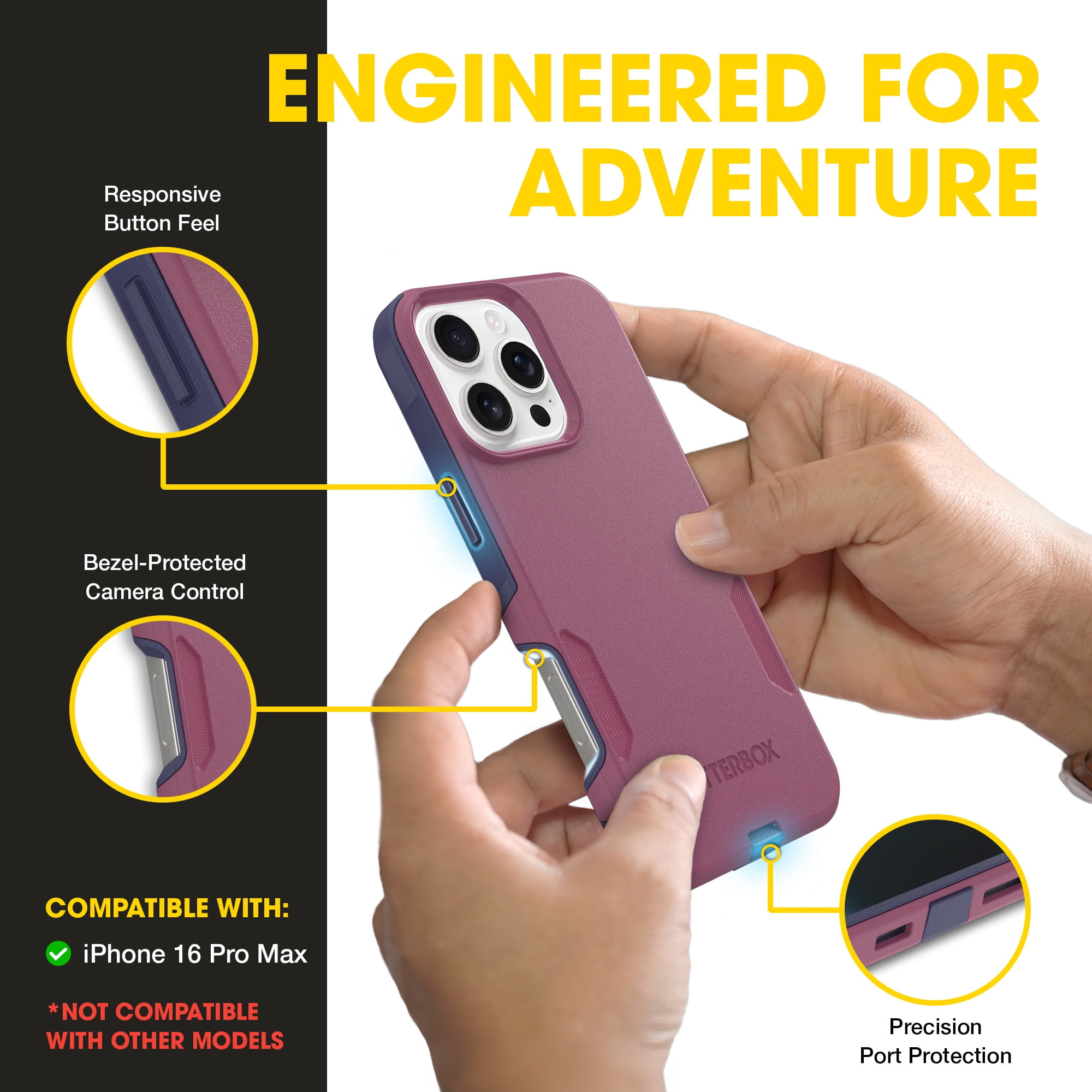 OtterBox iPhone 16 Pro Max (Only) – Commuter Series Case – Built-In MagSafe – Thin, Dual-Layer, Pocket-Friendly, Port Cover – Berry Smooth (Pink/Purple)