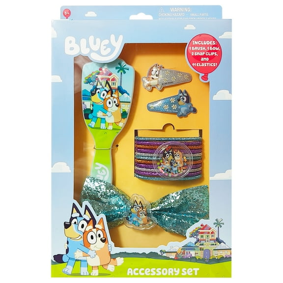 Bluey Accessory Set with Brush, Bow, Snap Clips and Elastics, 15 Piece