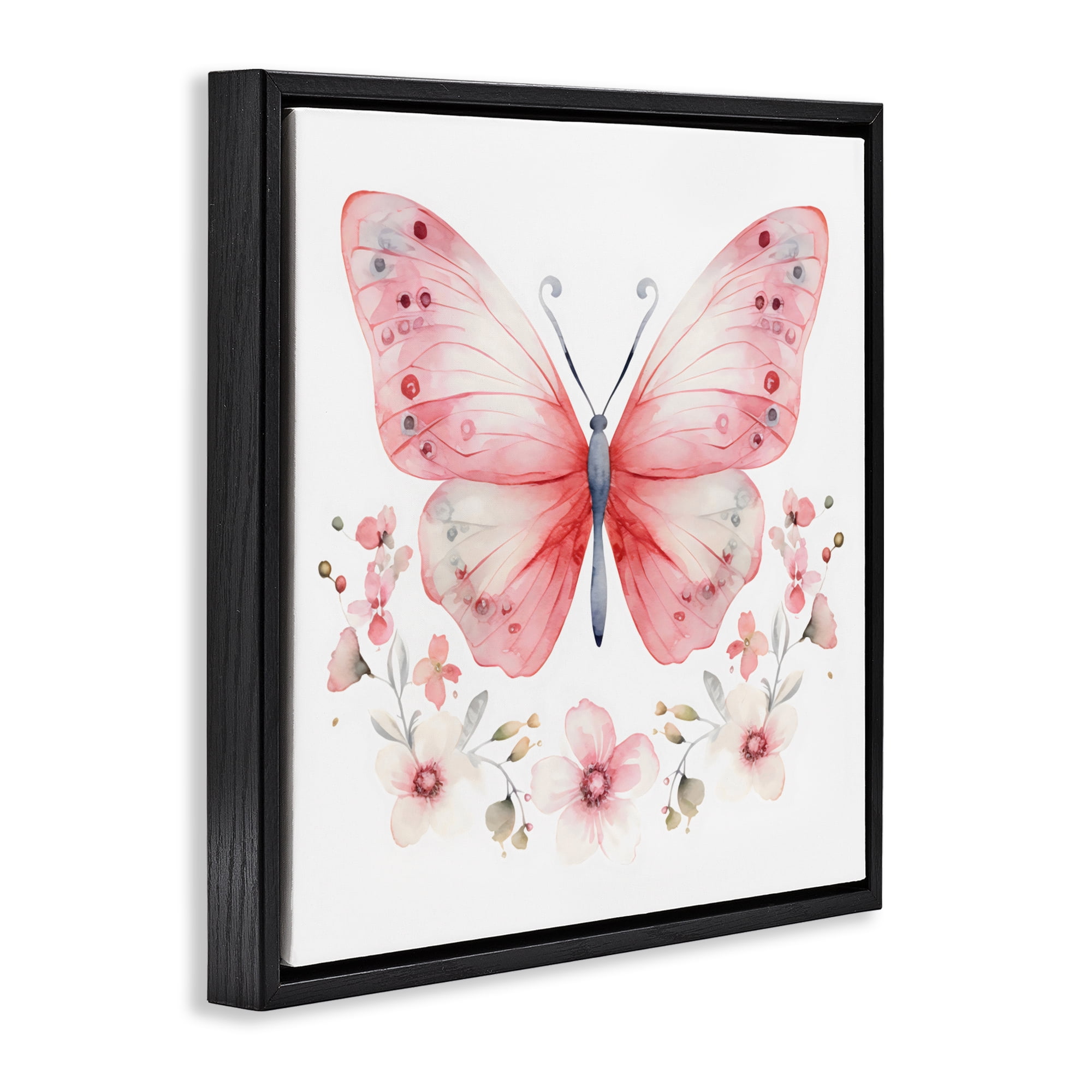 Stupell Industries Pink Symmetrical Butterfly Florals Black Framed Floater Canvas Wall Art, design by Creative Studio