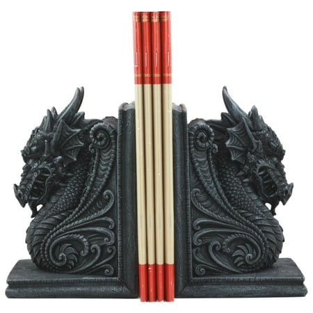Stone Bookends - Ebros Gothic Guardian Of Bibliography Dragon Bookend Set of Two Figurine Faux Stone Dragon Fantasy And Legends