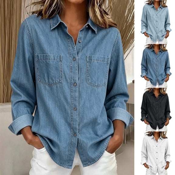 Jovrlynd Button Down Denim Shirts for Women V Neck Long Sleeve Pockets Fall Casual Jean Shirts Collared Button Up Chambray Shacket