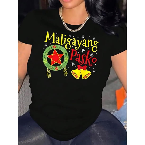 "Women'S Festive Christmas ""Merry Maligayang Pasko"" Print Round Neck Short Sleeve T-Shirt - Casual Knit Cotton Tee - Comfortable Summer Top for Women - Perfect for Holiday Parties & Gifts"