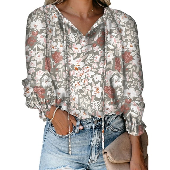 UKAP Womens Casual Loose Blouses Floral V Neck Tunic Shirts Long Sleeve Fall Autumn Tops Shirt