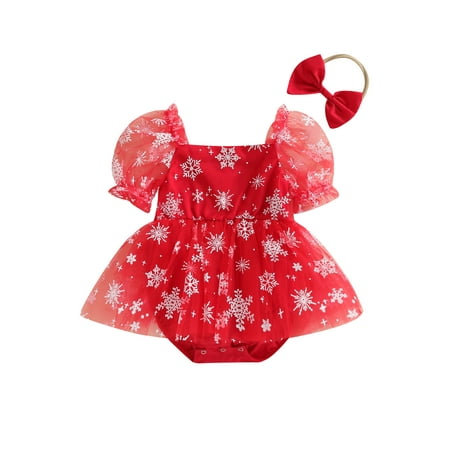 

Douhoow Christmas Baby Girls Snowflake Jumpsuit Infant Short Sleeve Tulle Romper Dress Headband 0-18 Months