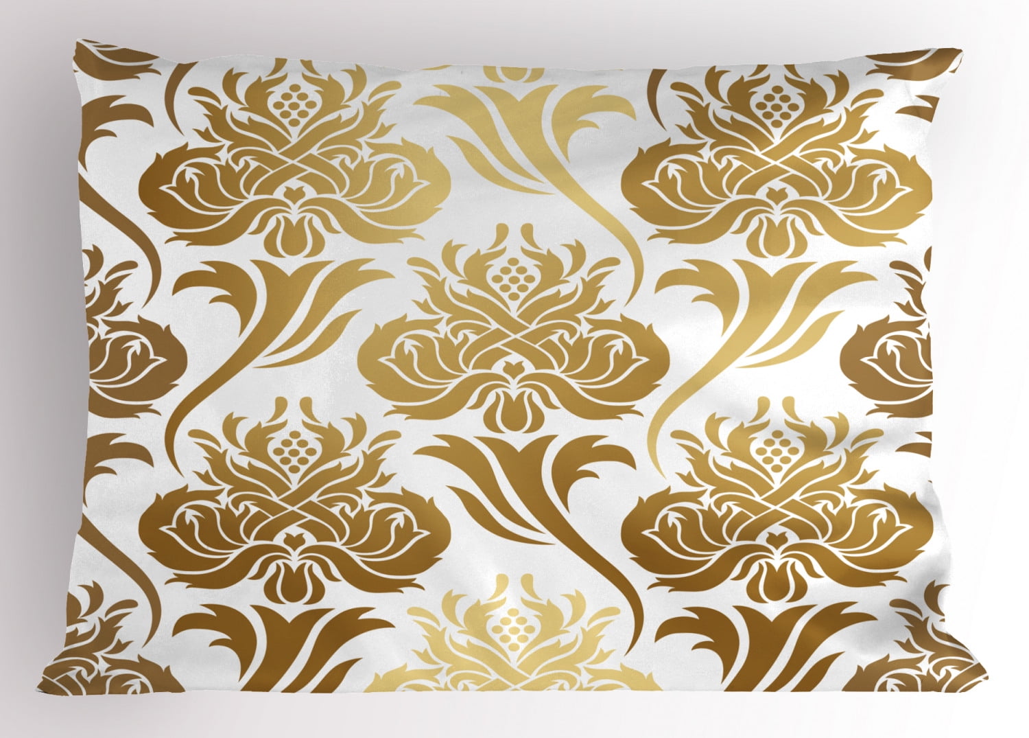 Gold and White Pillow Sham Damask Ombre Abstract Image with Floral East Asian Inspired Details Print, Decorative Standard Size Printed Pillowcase, 26 X 20 Inches, Gold White, by Ambesonne