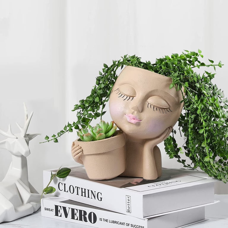 ZeenArt Face Resin Planter, Double Flower Pot in Brown photo 7