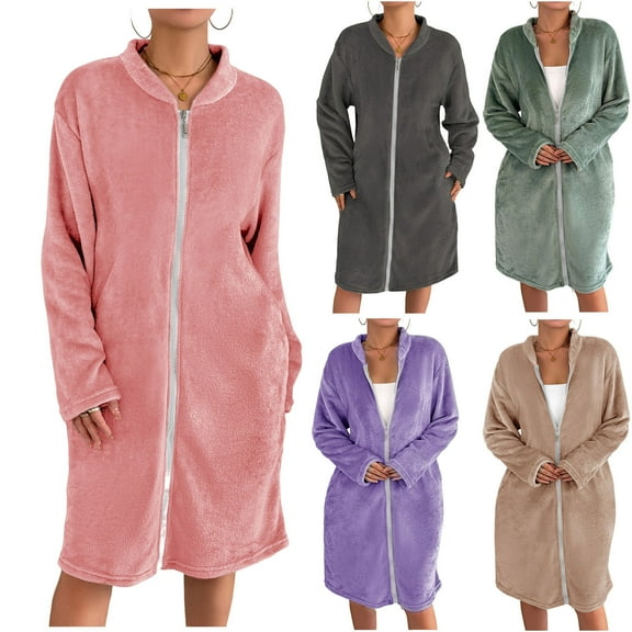 QNANSPI Robes for Women, Soft Women's Bathrobe, Women's Fall Winter Soft Solid Color Long Sleeve Pullover Bathrobe Zip Cardigan Jacket Sleep Robe