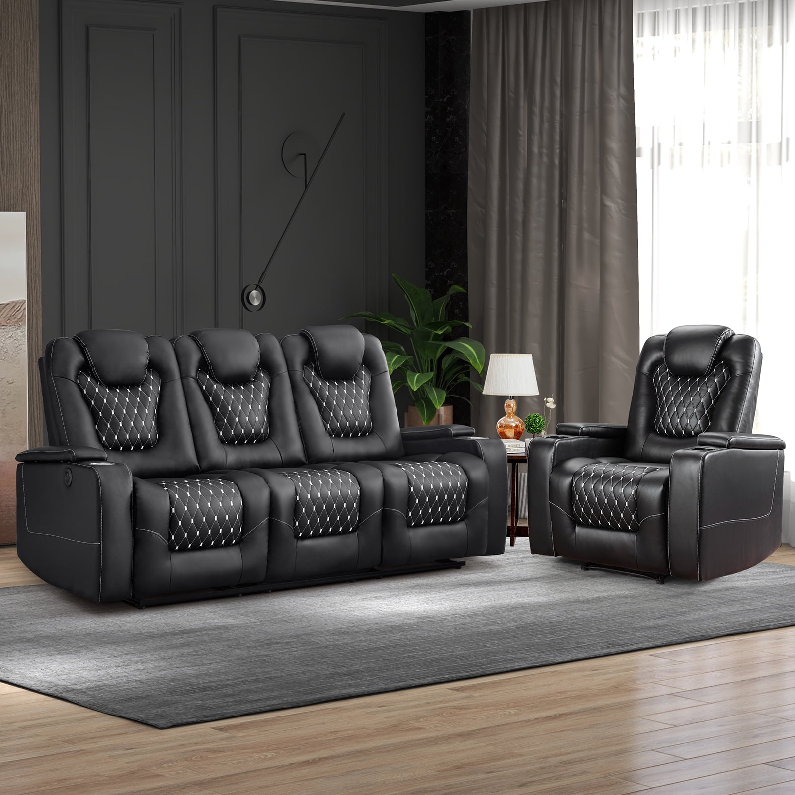 Bonzy Home Theater Recliner Chair Sofa Living Room Furniture Set Power Recliner with Cup Holders, USB Ports, Black