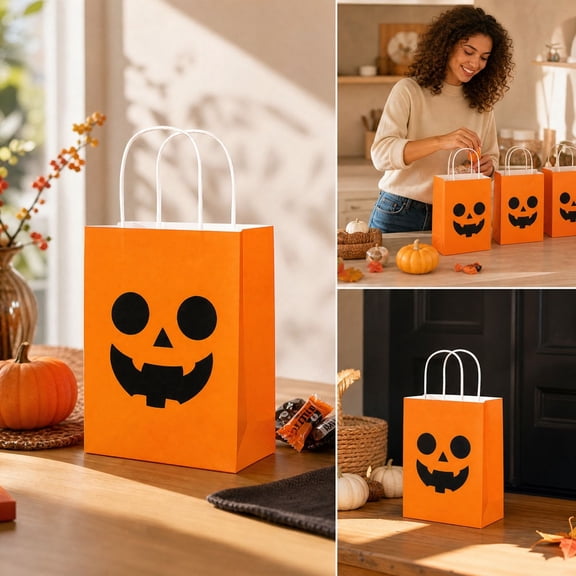 Trovenix Halloween Paper Gift Bags Orange Treat Bags With Handle Cute Paper Bags For Halloween Party Favors Candy Treats