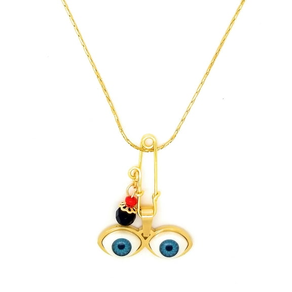 14kt GP Eyes Saint Lucky Azabache Charm Gold Stainless Steel & 18" Necklace - Ojitos De Santa Lucia Azabache Para Proteccion Dije y Cadena 18"