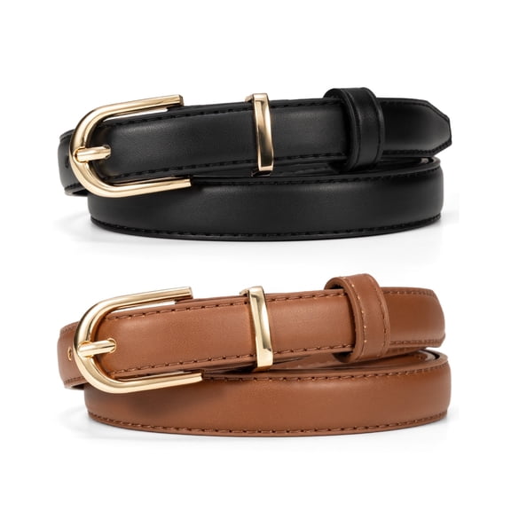 Timarkment 2pcs Belts for Women Leather Womens Belts With Golden Buckle Black Brown Women Belts for Jeans Dresses Woman Gift