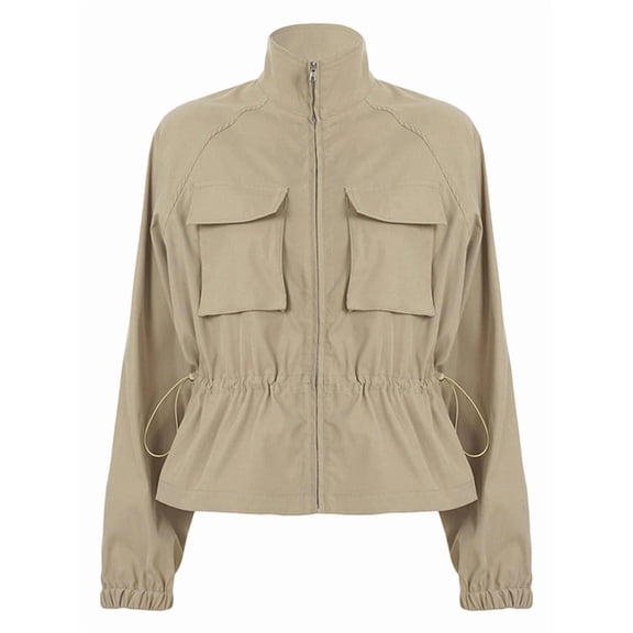 Winter Jacket for Women Long Sleeve Zip Up Going Out Pockets Cargo Jackets Casual Fall Womens Outerwear Khaki S