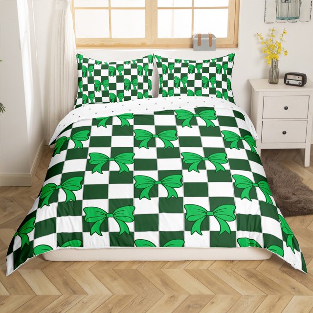Erosebridal Housse de Couette Nœud Papillon Dessin Animé, Literie à Carreaux Verts, Réversible 2 Pcs (Sans Couette)