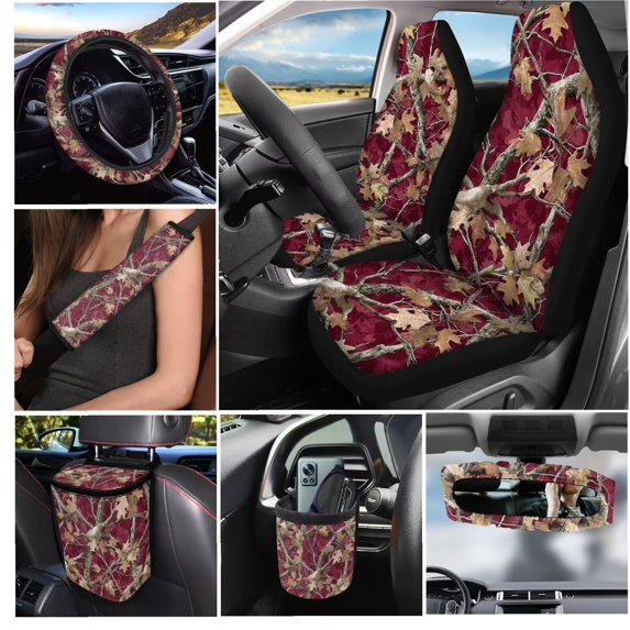 KUIFORTI Red Camo Car Seat Covers Full Set Easy Installation Set of 15 Front Rear Seat Covers Steering Wheel Cover Car Seat Belt Cover Durable Elastic Fabrics Fits for Cars Truck SUV